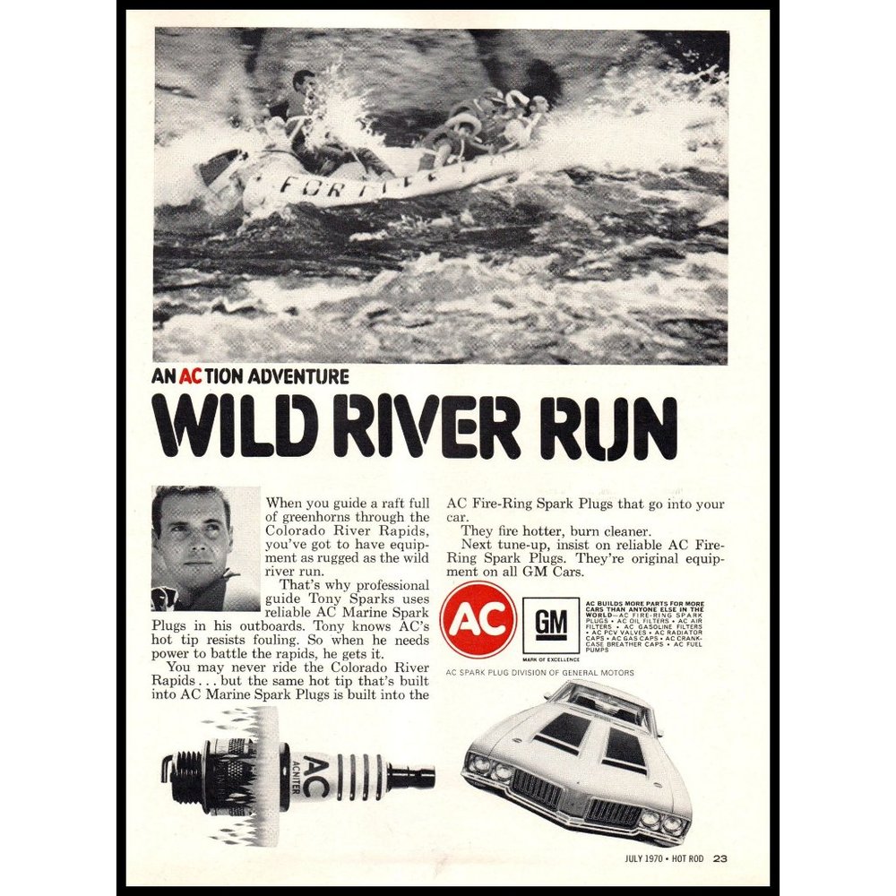 1970 AC Spark Plugs Vintage Print Ad Nature White Water Rafting Wall Art Photo